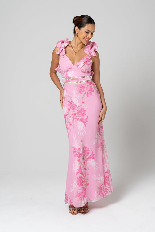 Amalia Cross Back Pink Ruffle Maxi Dress