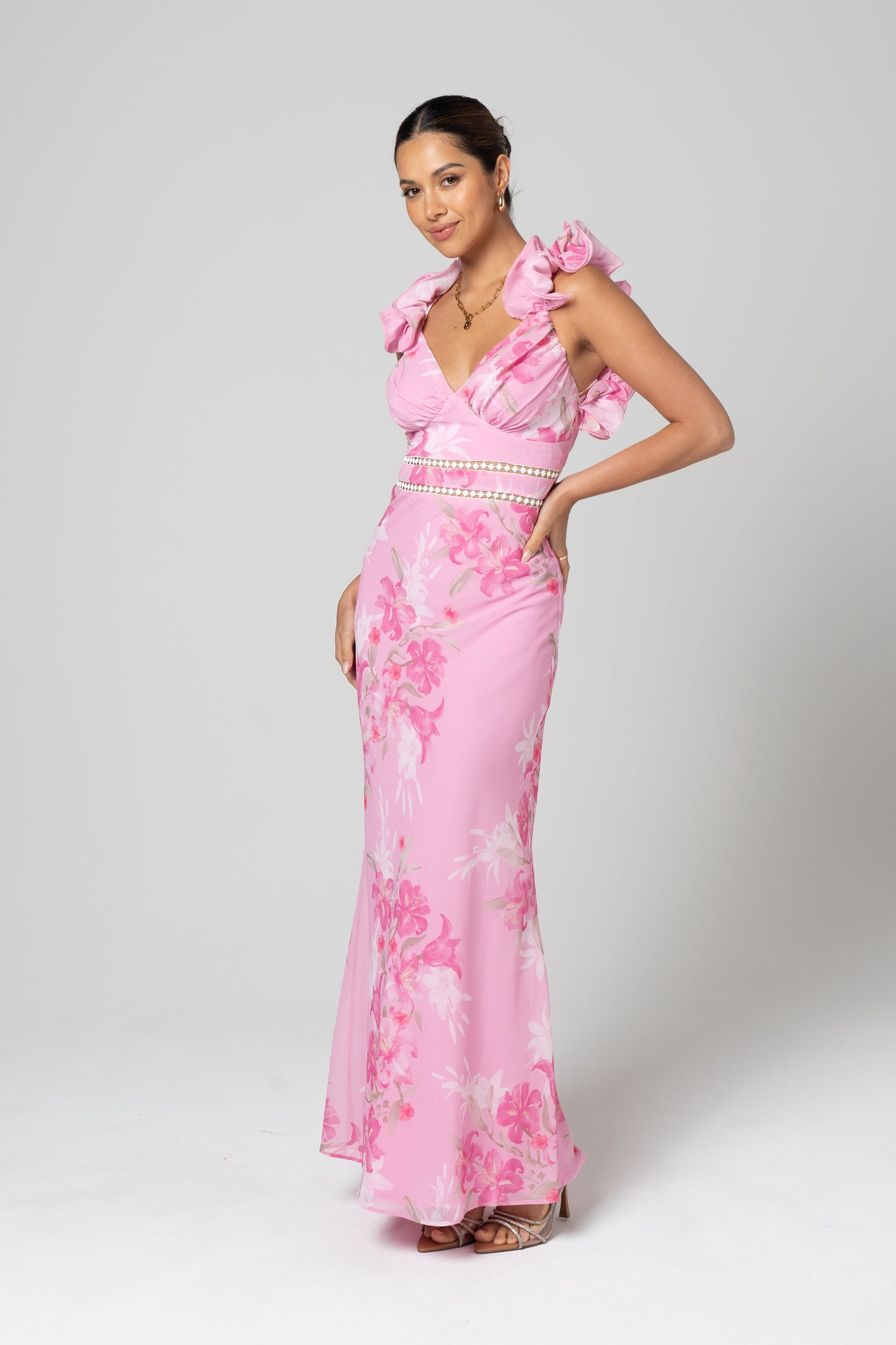 Amalia Cross Back Pink Ruffle Maxi Dress