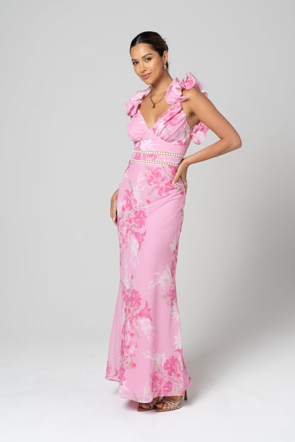 Amalia Cross Back Pink Ruffle Maxi Dress