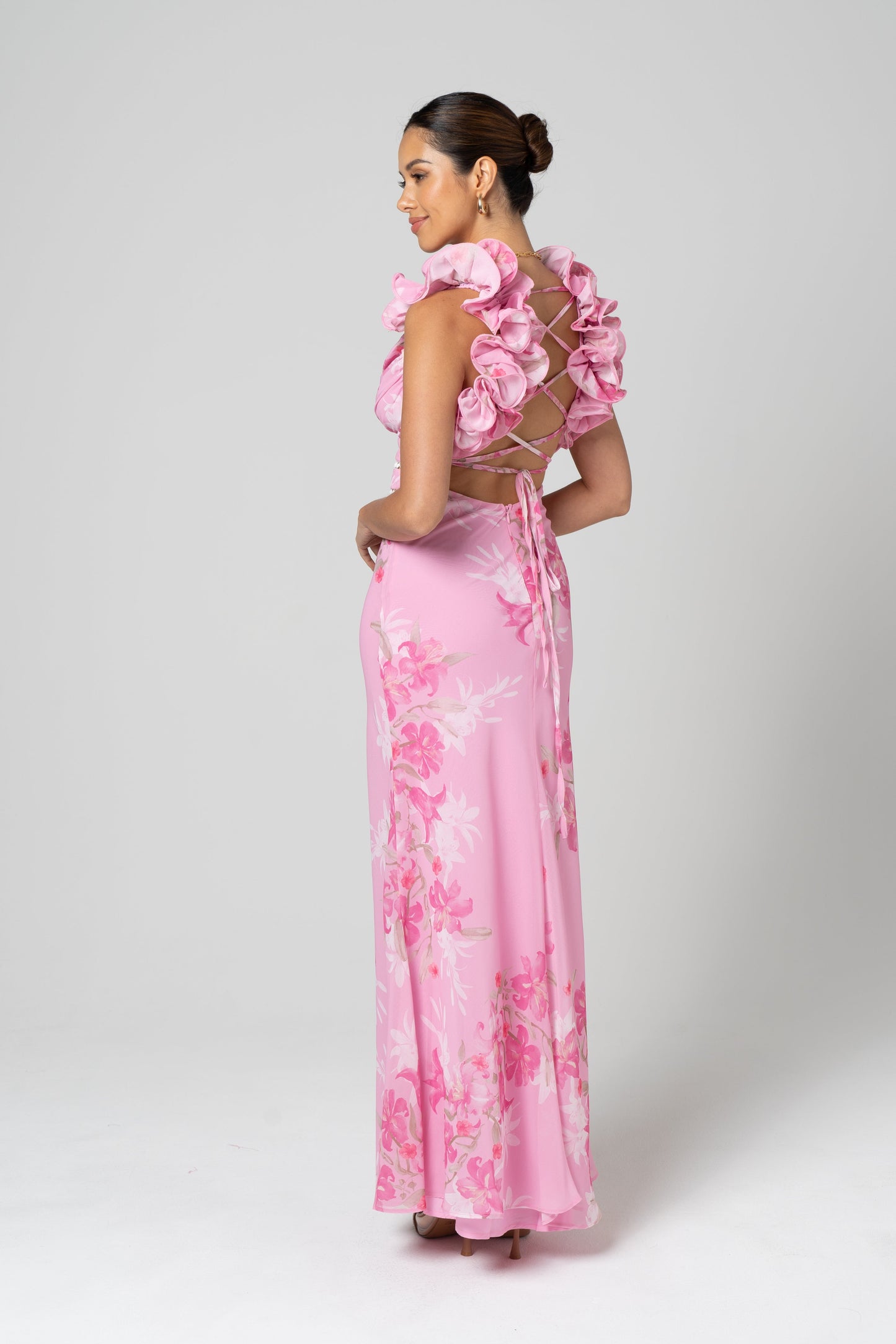 Amalia Cross Back Pink Ruffle Maxi Dress