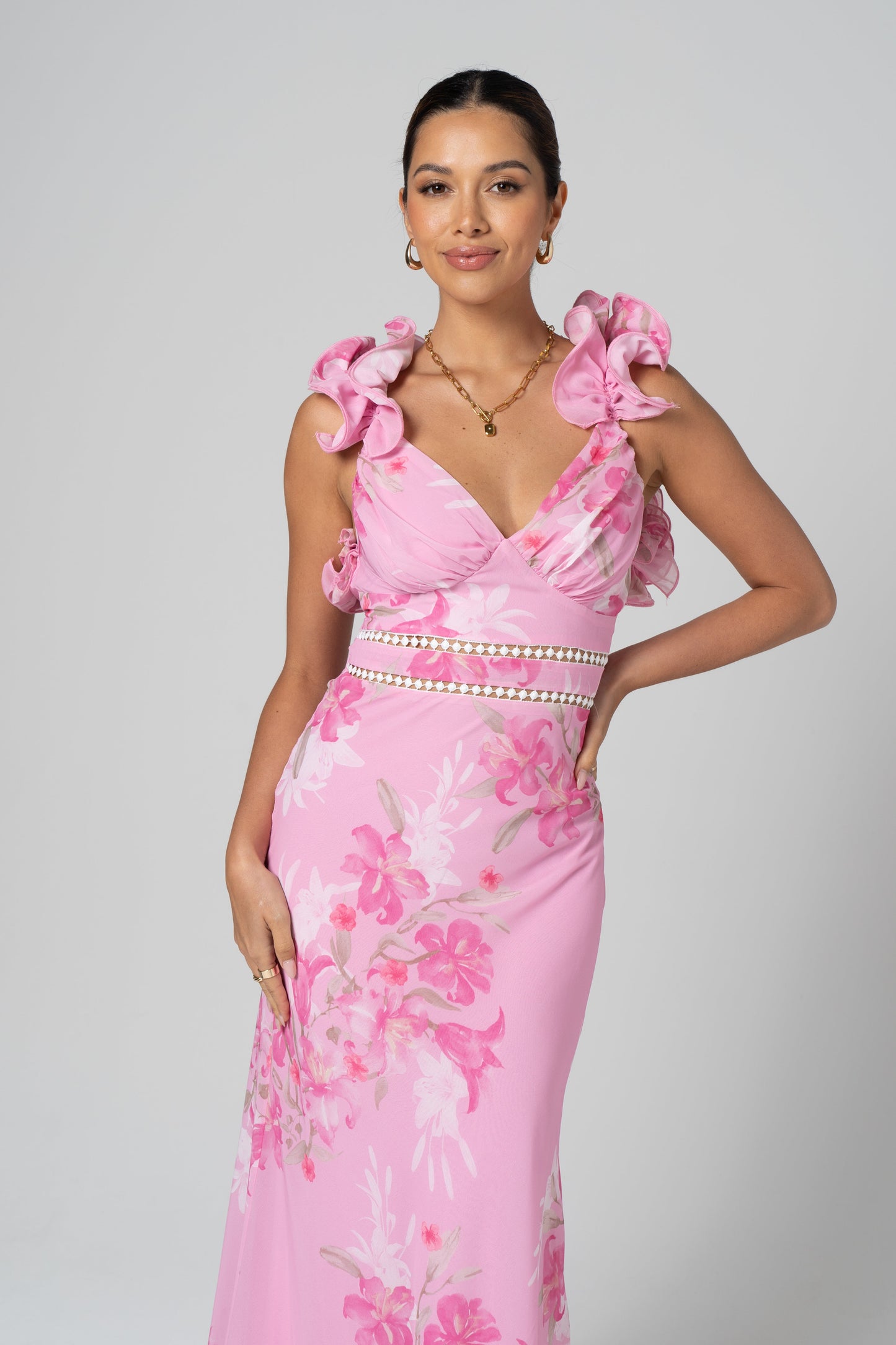 Amalia Cross Back Pink Ruffle Maxi Dress