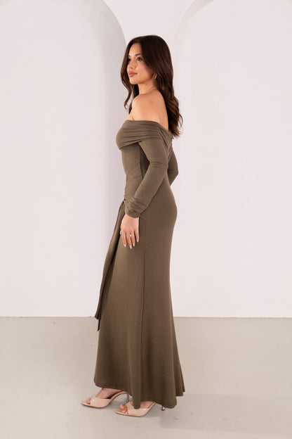 Amaris Long Sleeve Olive Off-Shoulder Maxi