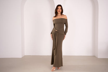 Amaris Long Sleeve Olive Off-Shoulder Maxi