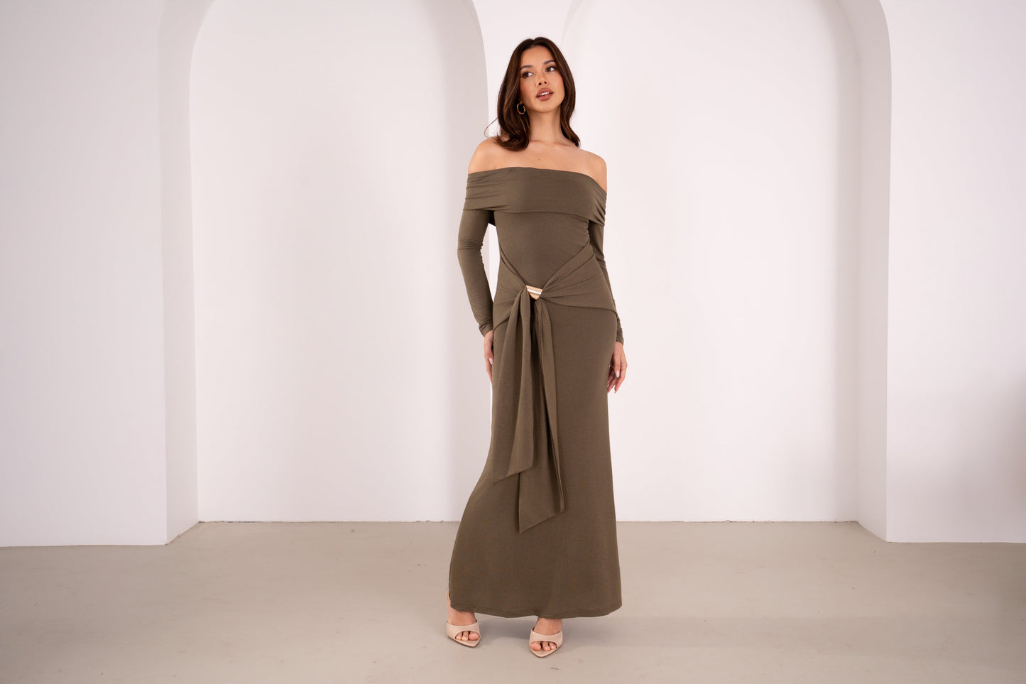 Amaris Long Sleeve Olive Off-Shoulder Maxi