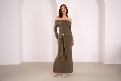 Amaris Long Sleeve Olive Off-Shoulder Maxi