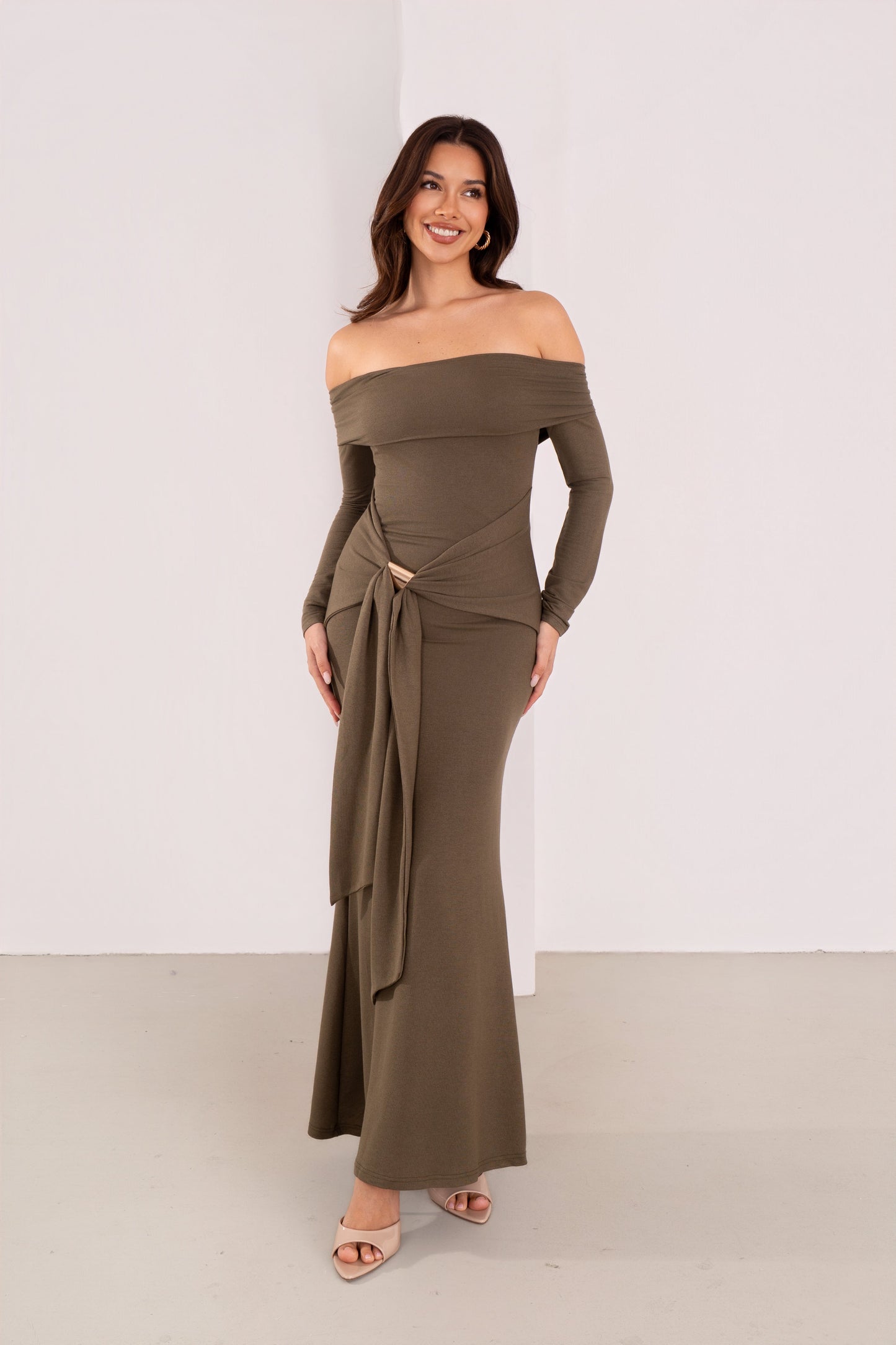 Amaris Long Sleeve Olive Off-Shoulder Maxi