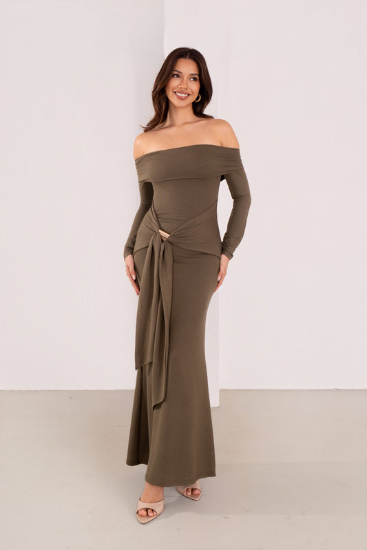 Amaris Long Sleeve Olive Off-Shoulder Maxi