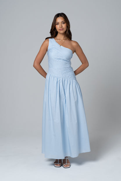 Arden Bare Shoulder Blue Maxi Dress
