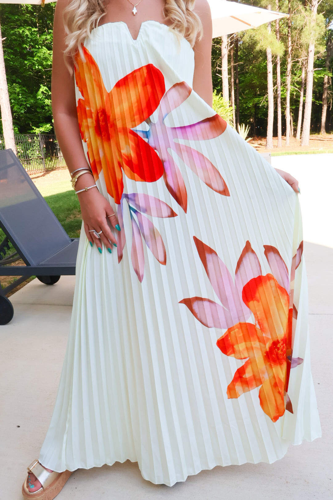 Strapless Pleated Floral Maxi Dress