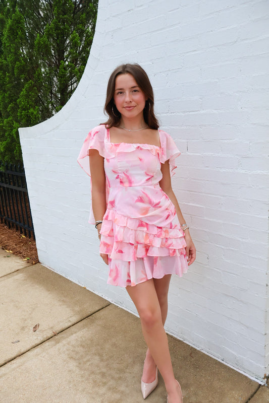 Pink Floral Cape Mini Dress