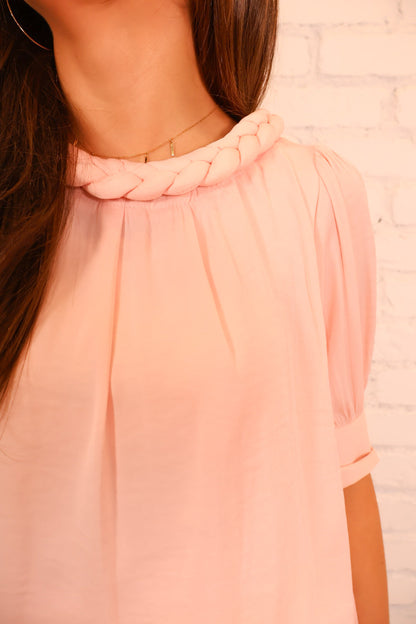 Braided Neck Satin Blouse - Rose