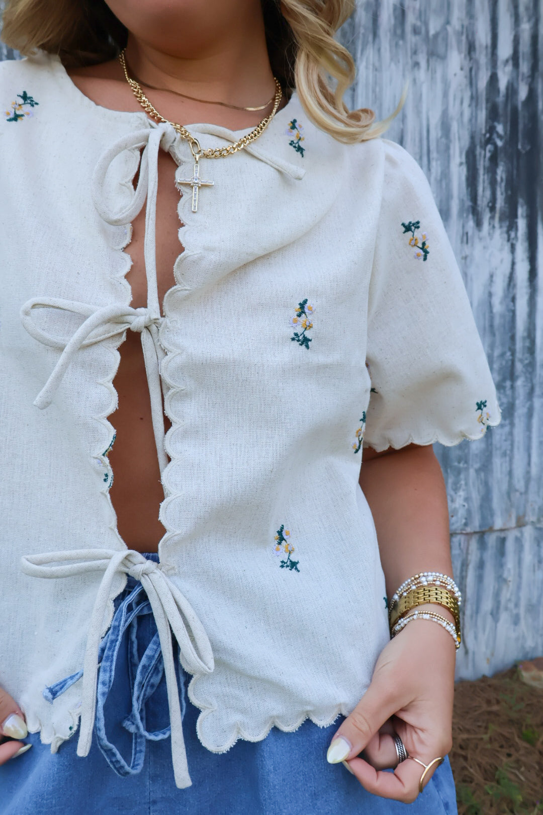 Oatmeal Floral Embroidered Tie Front Top