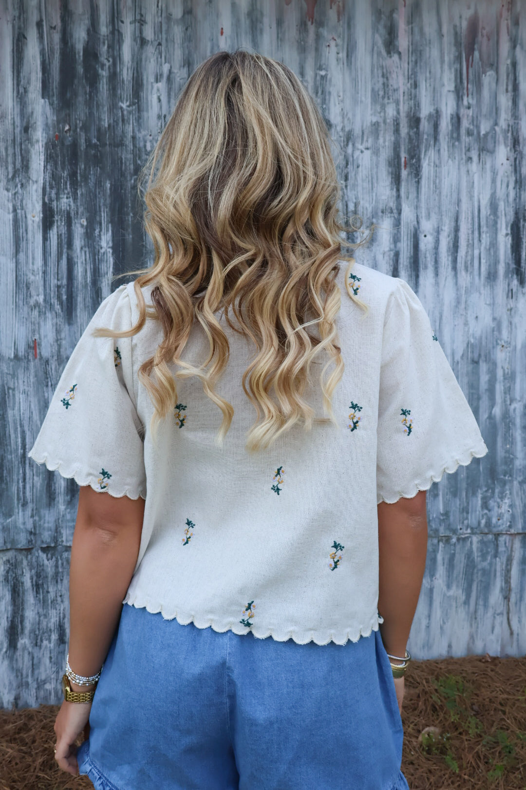 Oatmeal Floral Embroidered Tie Front Top