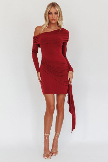 Afroditi Side Sash Draped Mini Dress Wine