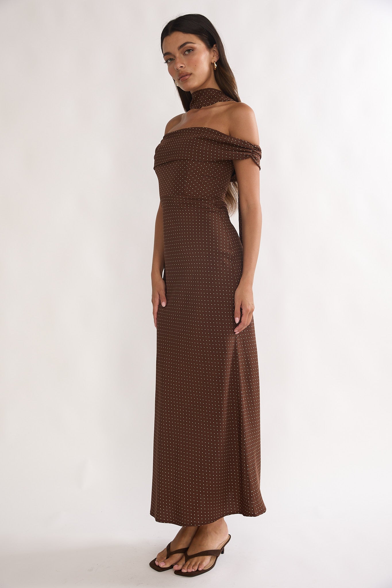 Alissa Off-Shoulder Maxi Dress Polka Dot Chocolate