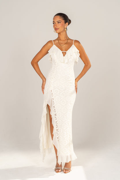 Blythe Cream Embroidered Ruffle Maxi Dress