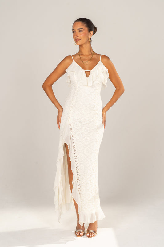 Blythe Cream Embroidered Ruffle Maxi Dress