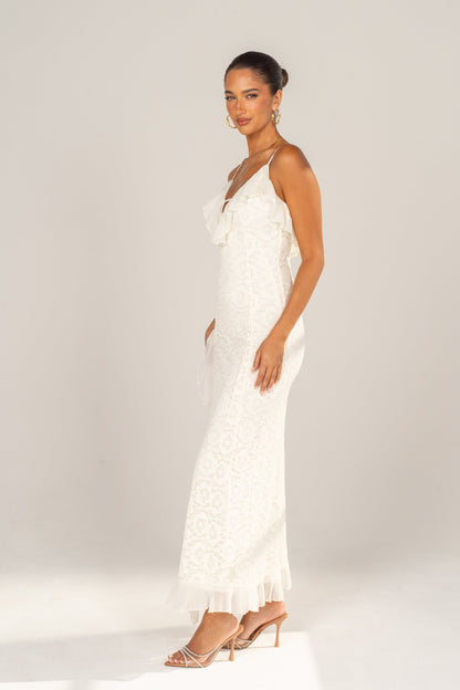 Blythe Cream Embroidered Ruffle Maxi Dress