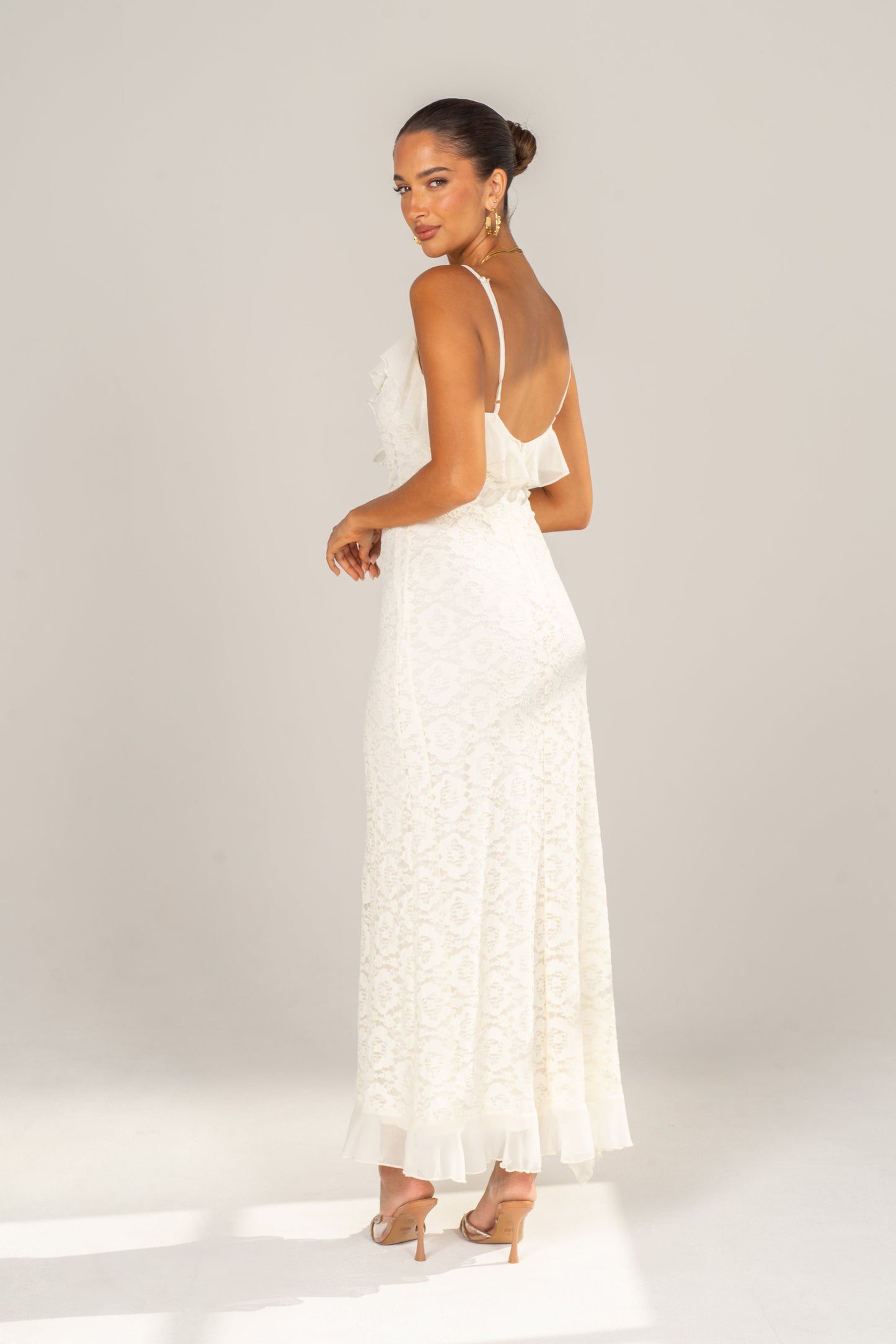 Blythe Cream Embroidered Ruffle Maxi Dress
