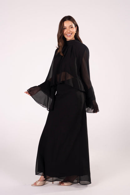 Briar Black Tiered Ruffle Sleeve Top & Maxi Skirt Set