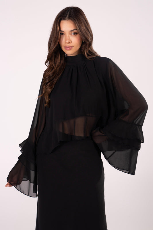 Briar Black Tiered Ruffle Sleeve Top & Maxi Skirt Set