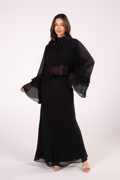 Briar Black Tiered Ruffle Sleeve Top & Maxi Skirt Set