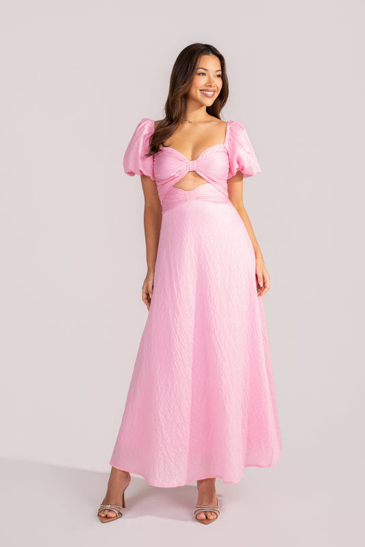 Brinley Classic Pink Puff Sleeve Midi Dress