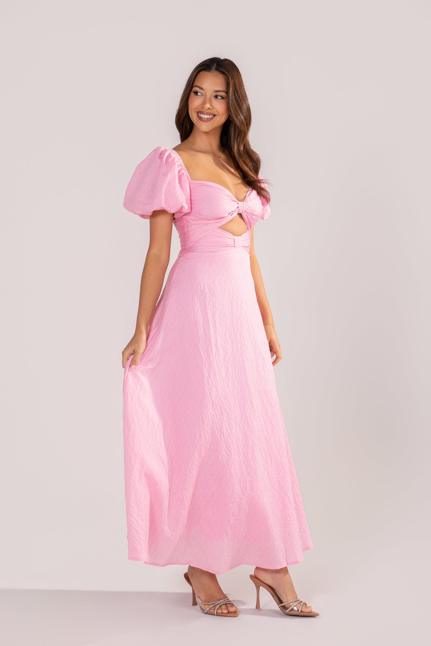 Brinley Classic Pink Puff Sleeve Midi Dress