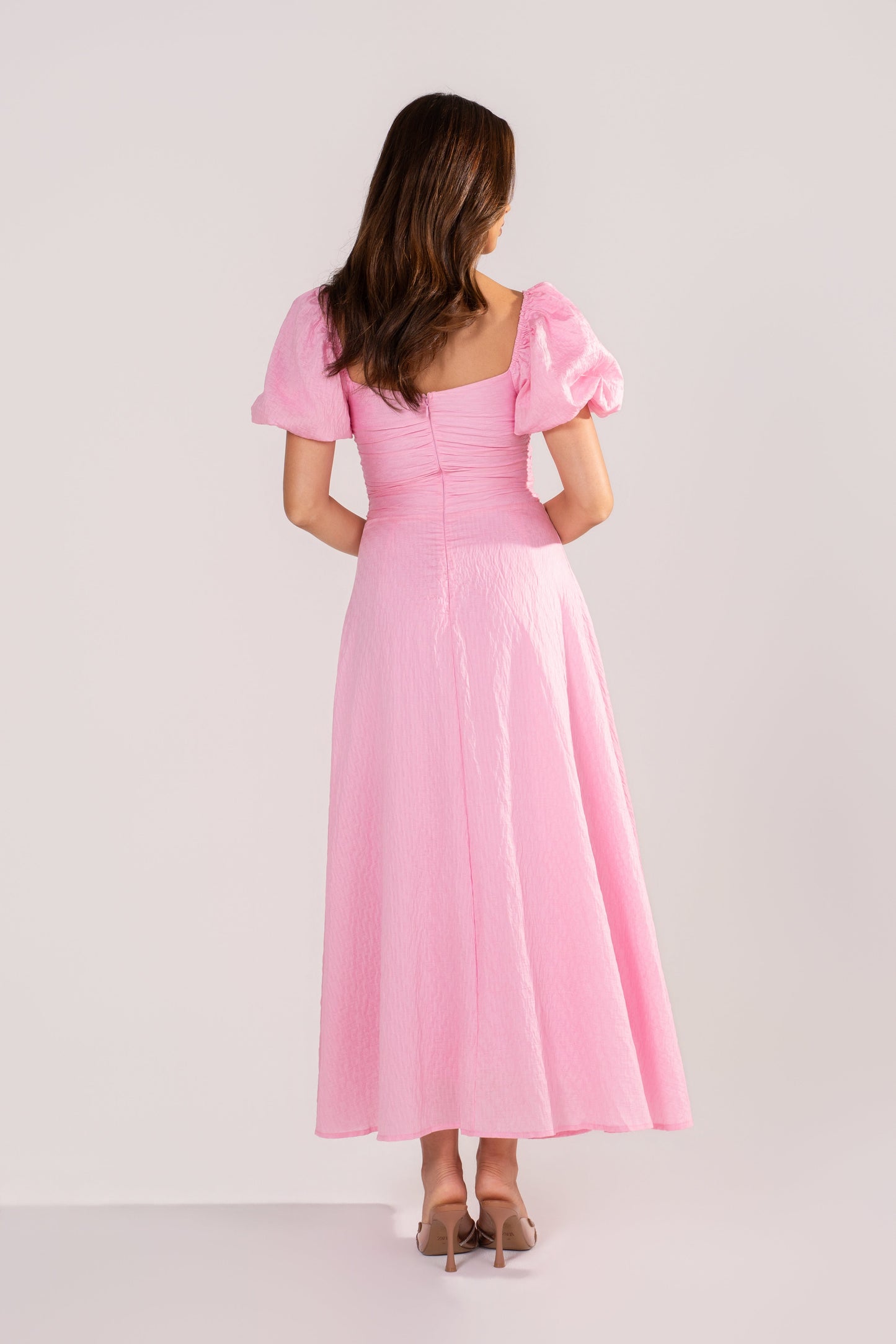 Brinley Classic Pink Puff Sleeve Midi Dress