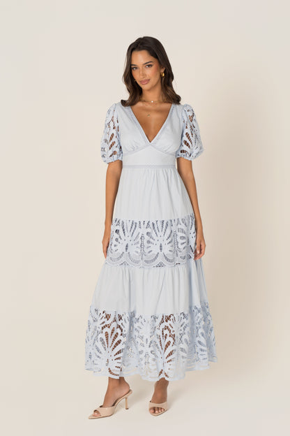 Bronte Soft Blue Day Dress with Puff Sleeves