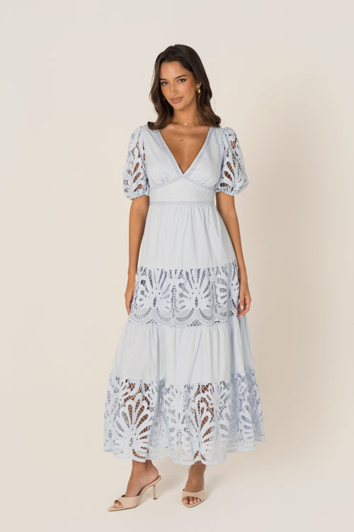 Bronte Soft Blue Day Dress with Puff Sleeves