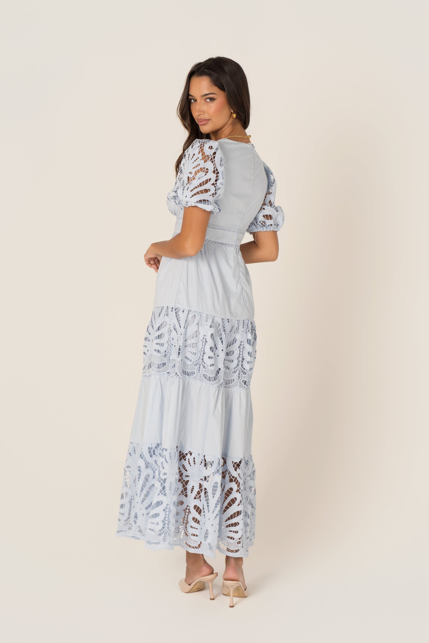 Bronte Soft Blue Day Dress with Puff Sleeves