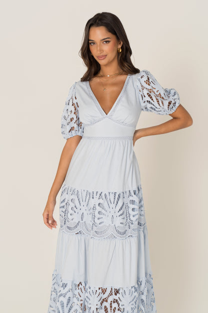 Bronte Soft Blue Day Dress with Puff Sleeves