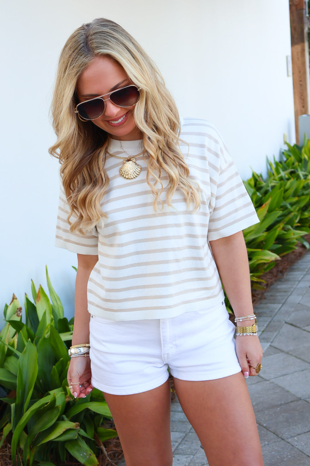 Coastal Classic Striped Sweater Tee – Taupe