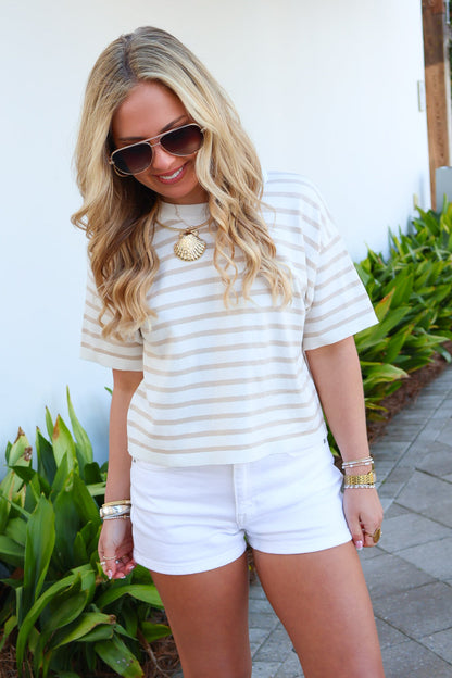 Coastal Classic Striped Sweater Tee – Taupe
