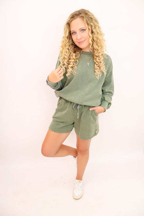 French Terry Pullover and Shorts Set - Washed Olive