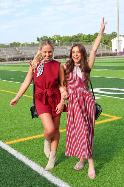 Maroon and White Striped Smocked Midi Dress