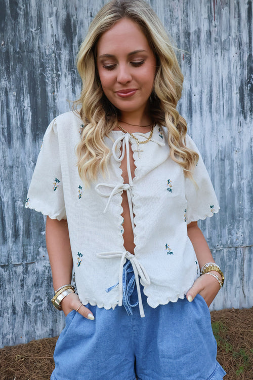 Oatmeal Floral Embroidered Tie Front Top