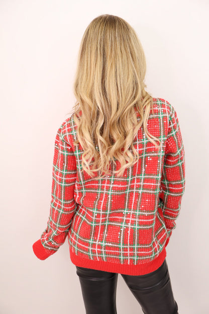 Red and Green Sequin Plaid Sweater