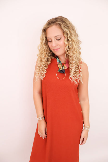 Gold Studded Rust Sleeveless Midi Dress
