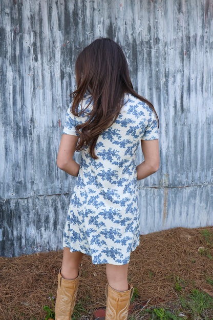 Blue Floral Button Front Mini Dress