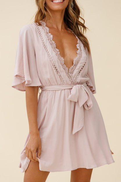 Angela Lace-Trimmed Bust Angel Sleeve Dress Mocha
