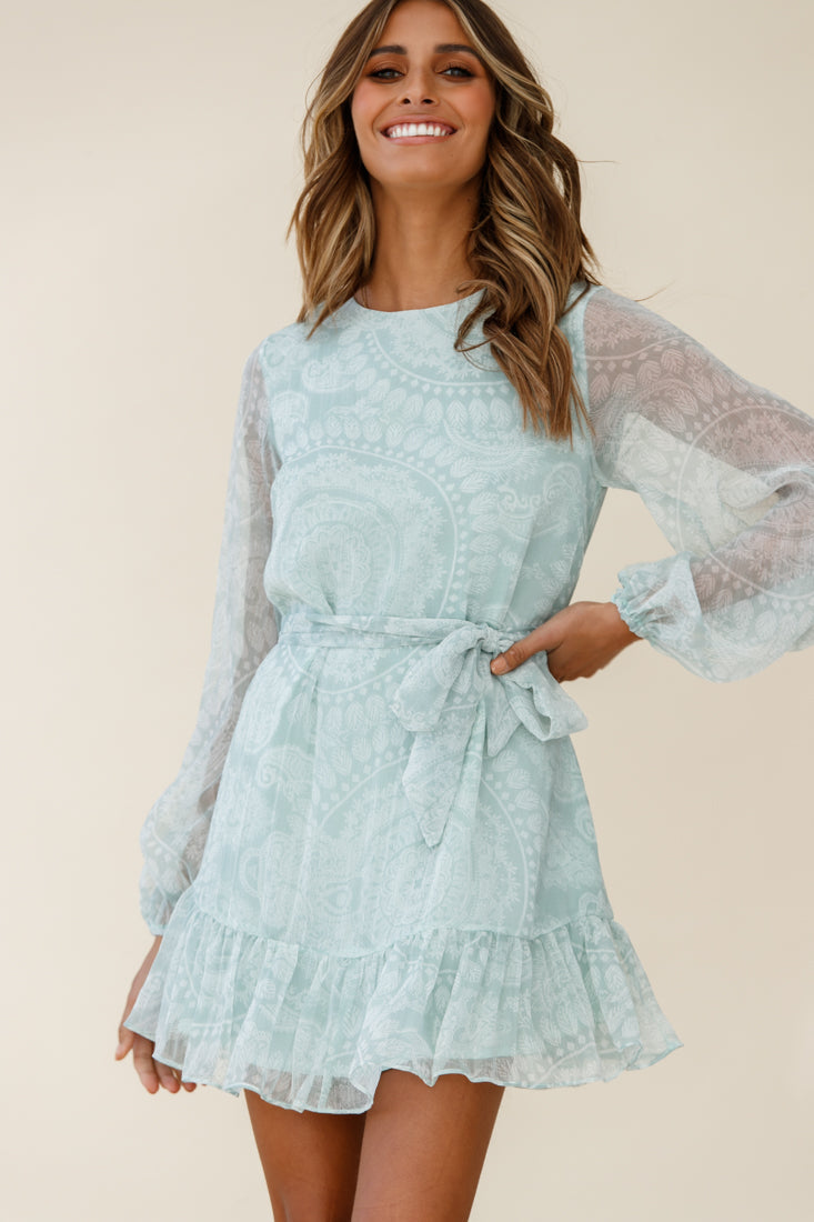Always & Forever Long Balloon Sleeve Crew Neck Dress Paisley Print Mint