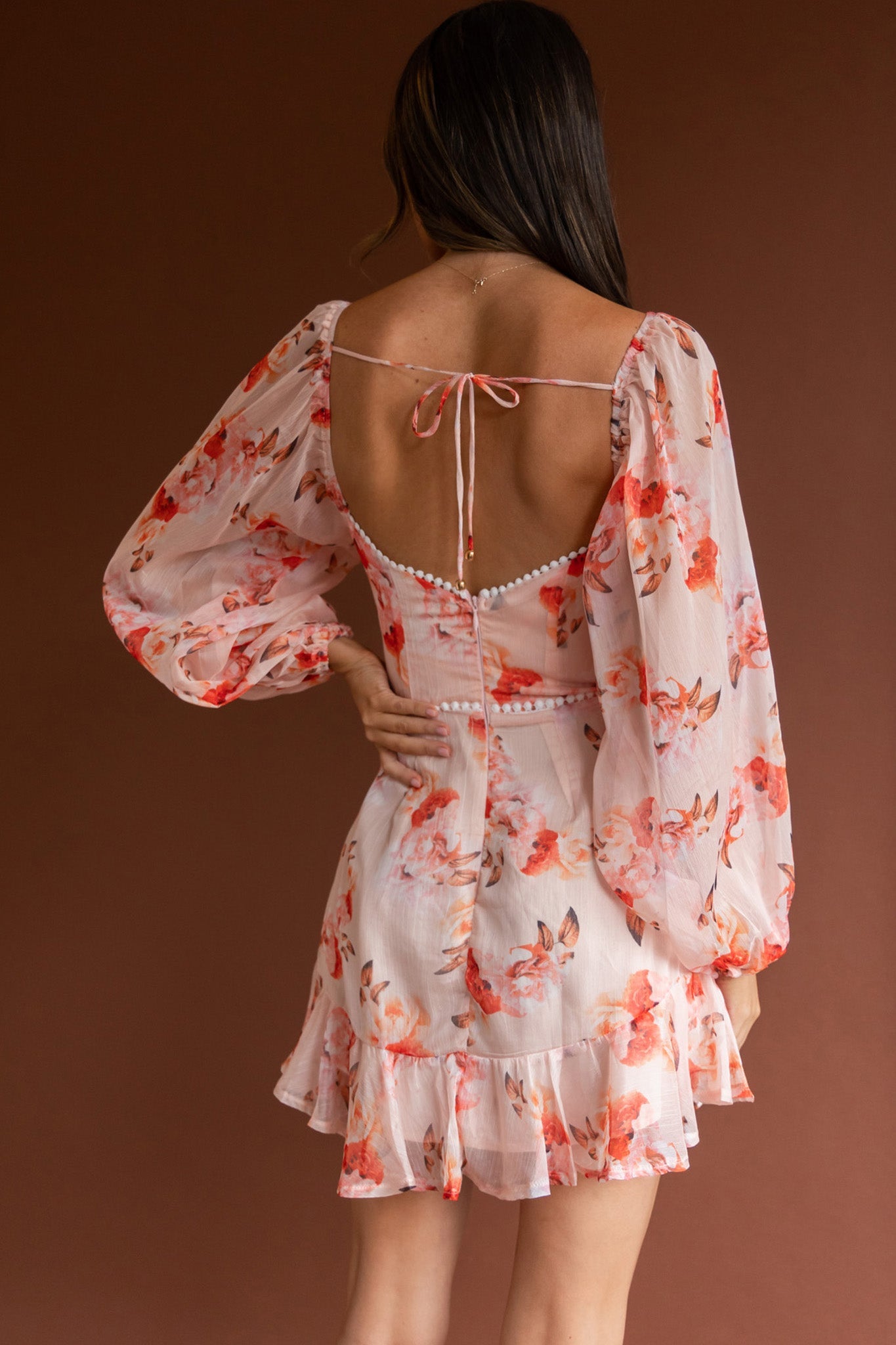 Catch Feelings Sweetheart Neckline Dot Trim Dress Rose Print Orange