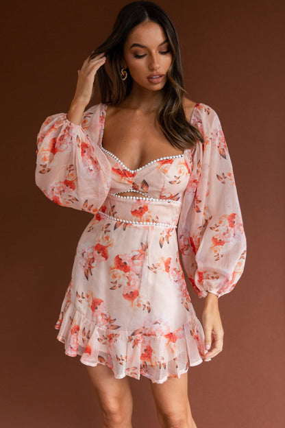 Catch Feelings Sweetheart Neckline Dot Trim Dress Rose Print Orange