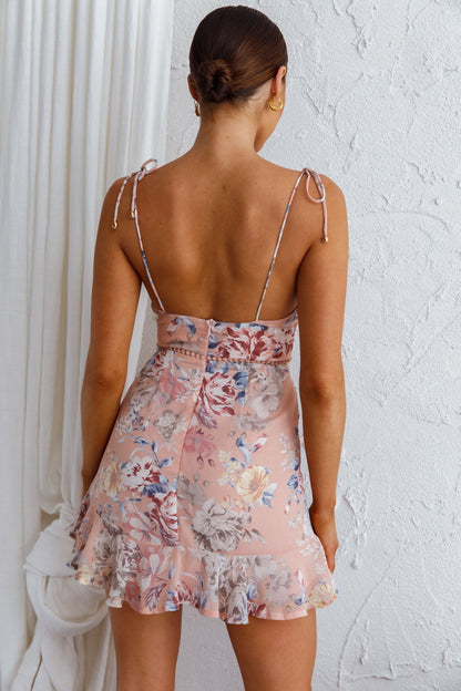 Catch Feelings Tied Shoulder Sweetheart Neckline Dress Floral Apricot