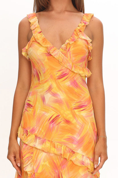 Alba Frill Trim Maxi Dress Abstract Orange