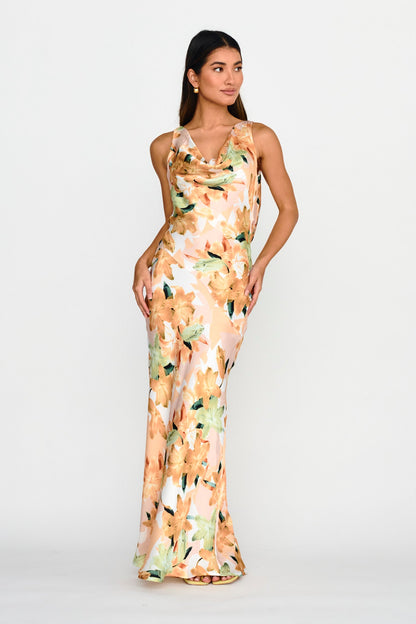 Cassiopeia Open Back Maxi Dress Lily Print Yellow