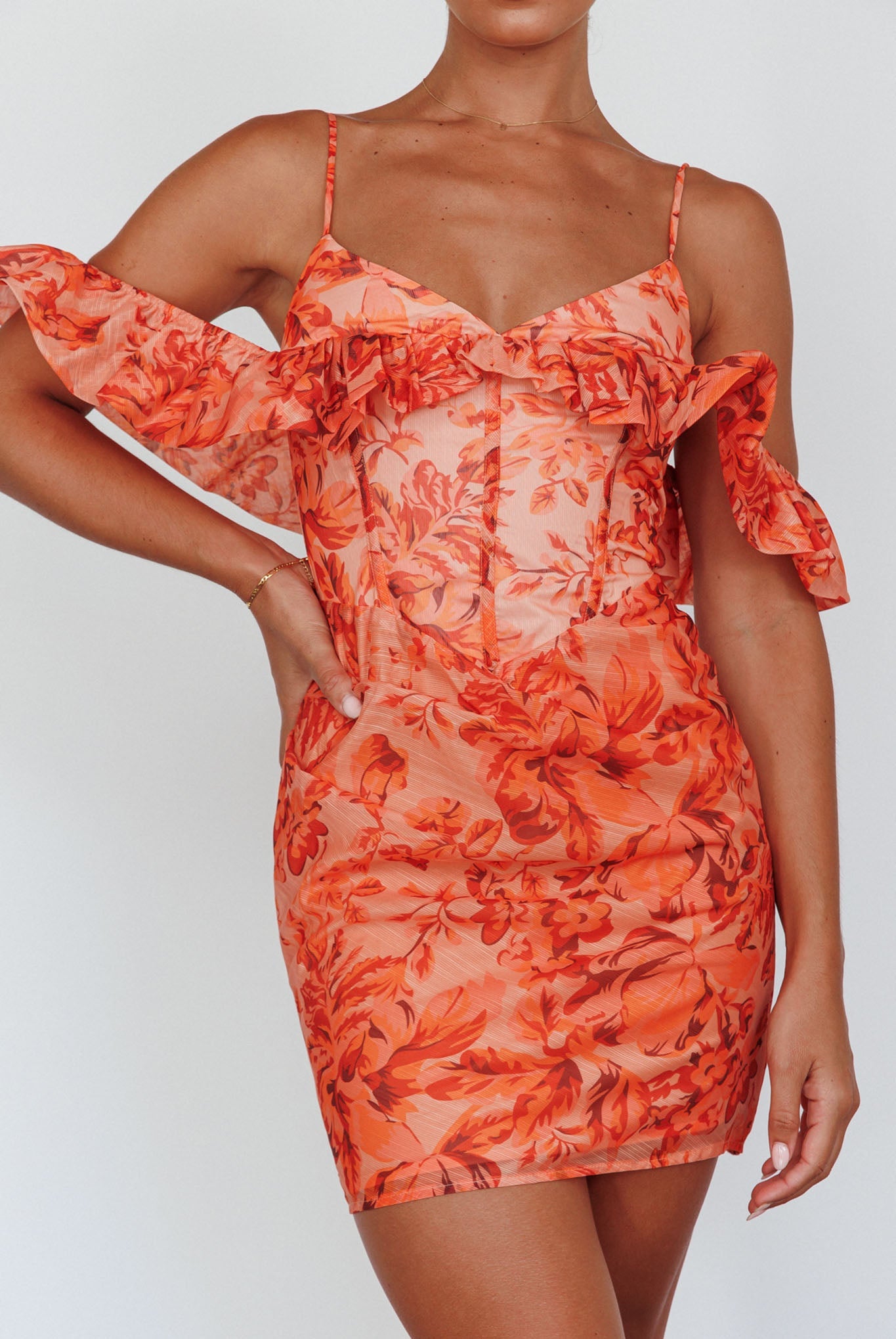 Catania Off-Shoulder Ruffle Mini Dress Floral Orange