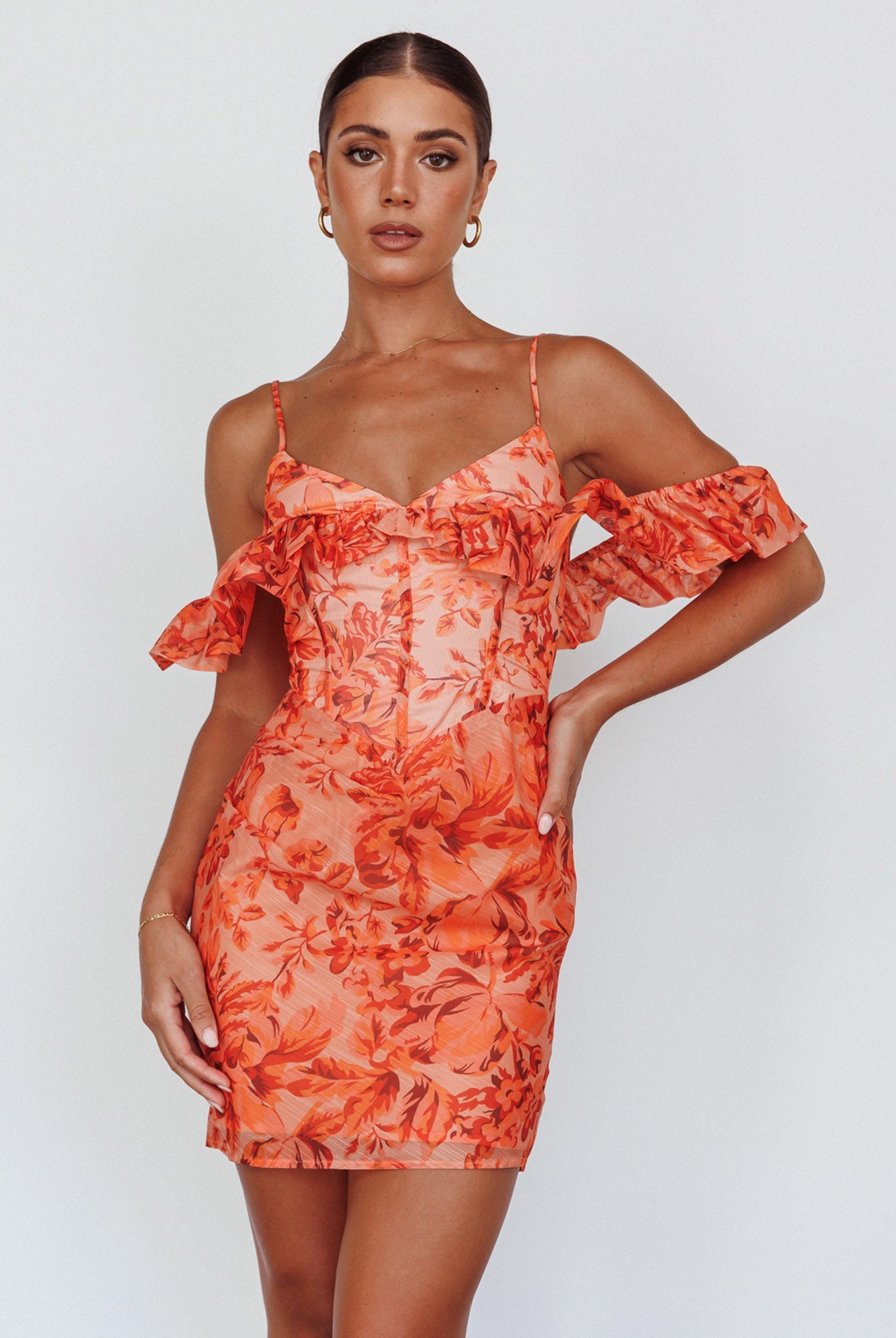Catania Off-Shoulder Ruffle Mini Dress Floral Orange